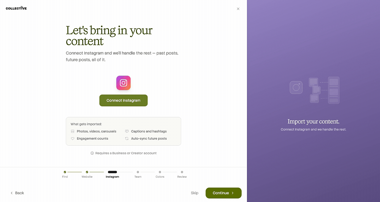 Connecting Instagram during setup on Collective